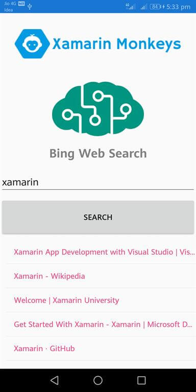 Xamarin.Forms - Bing Web Search Using Cognitive Service